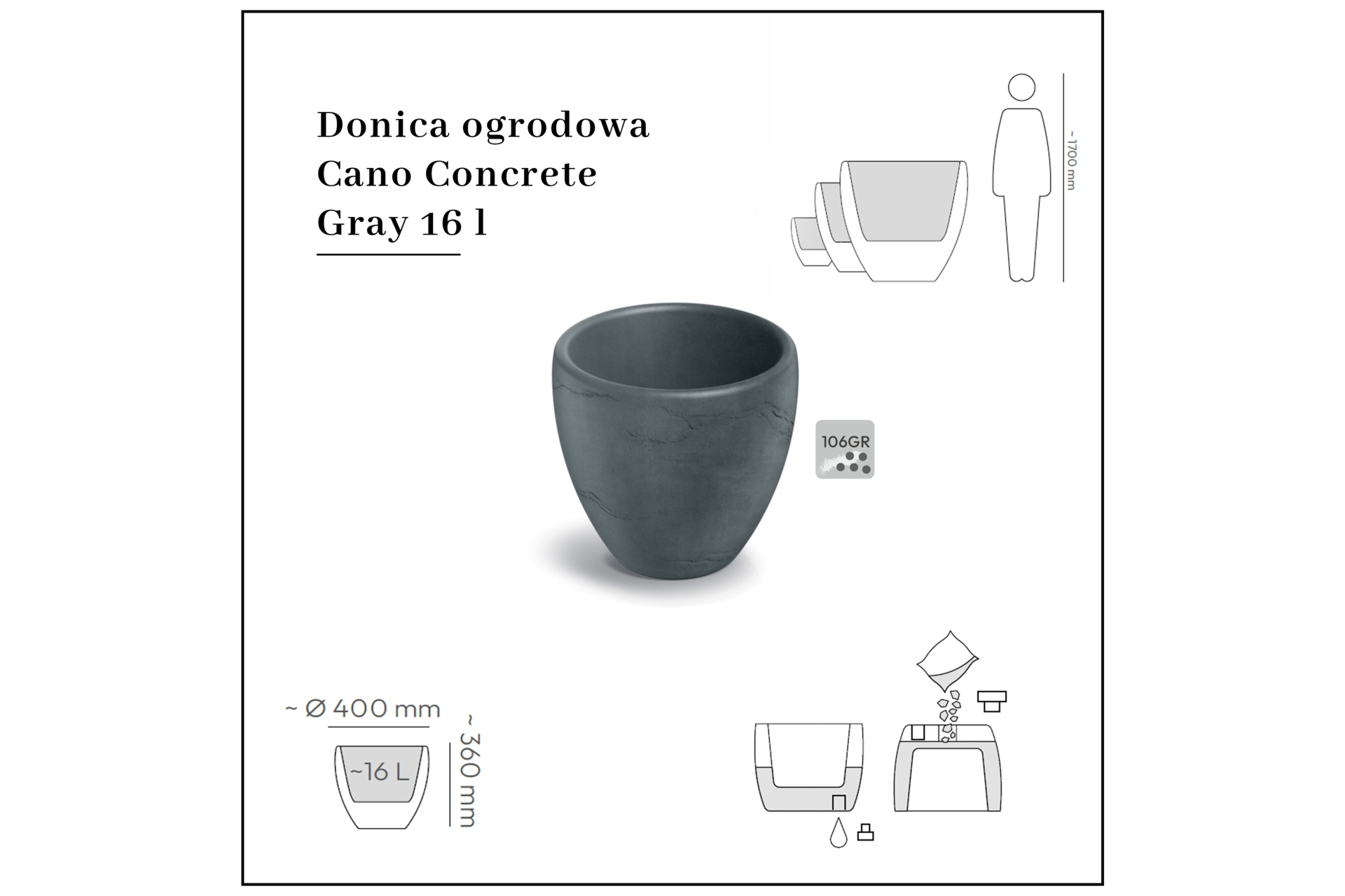 Doniczka ogrodowa Prosperplast Cano Concrete Gray 16 l