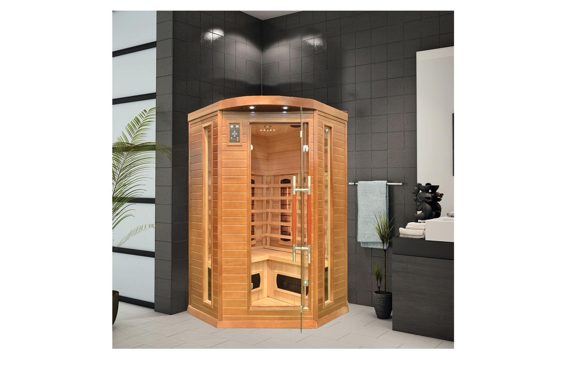 Sauna infrared narożna Nordum Classic 2-osobowa WiFi brązowa