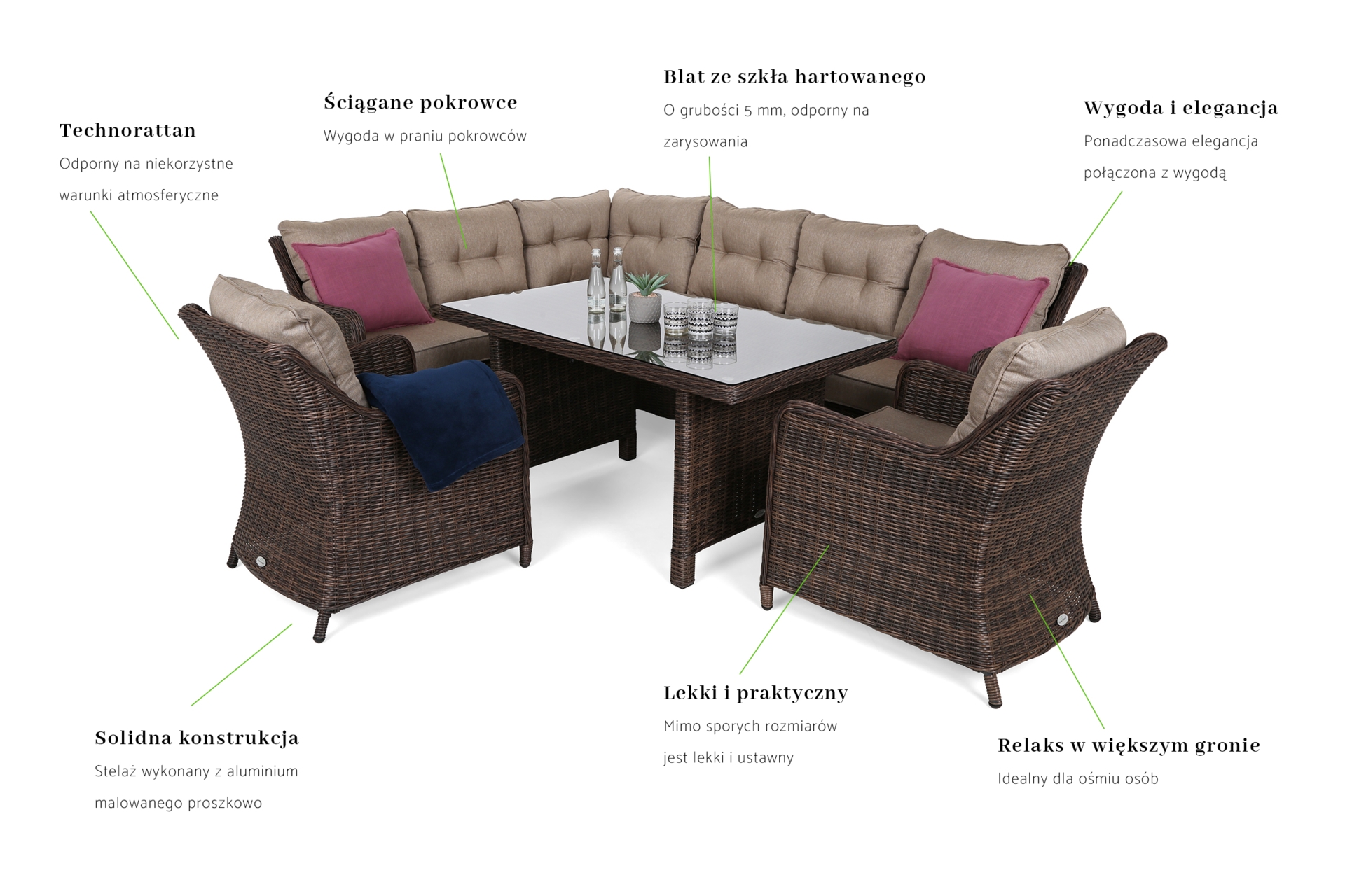 Narożny zestaw mebli ogrodowych lewy California Brown Mat / Brown Melange - brązowy - dla 8 osób Narożny zestaw mebli ogrodowych lewy California Brown Mat / Brown Melange