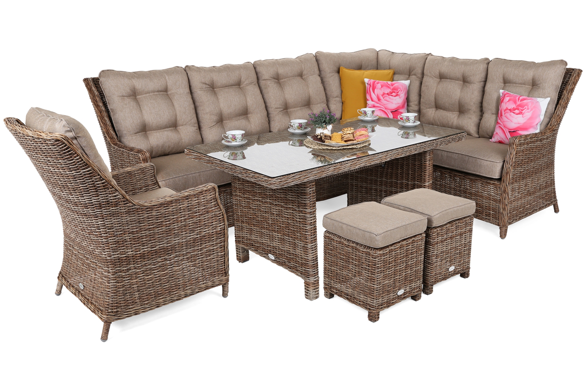 Narożny zestaw mebli ogrodowych prawy Alicante Ginger / Brown Melange z pufami - dla 9 osób Narożny zestaw mebli ogrodowych prawy Alicante Ginger / Brown Melange z pufami