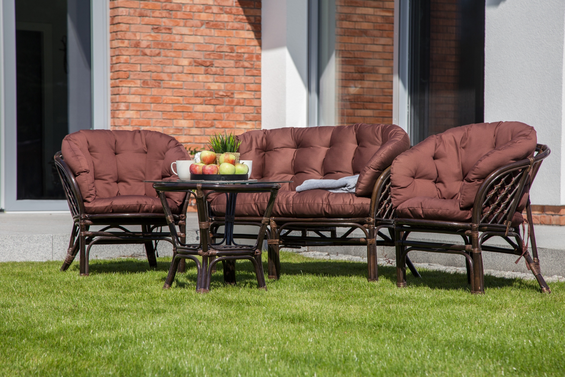 Komplet z rattanu: sofa, 2 fotele, stolik ze szklanym blatem Meble ogrodowe rattanowe Bahama Brown / Brown 3+1