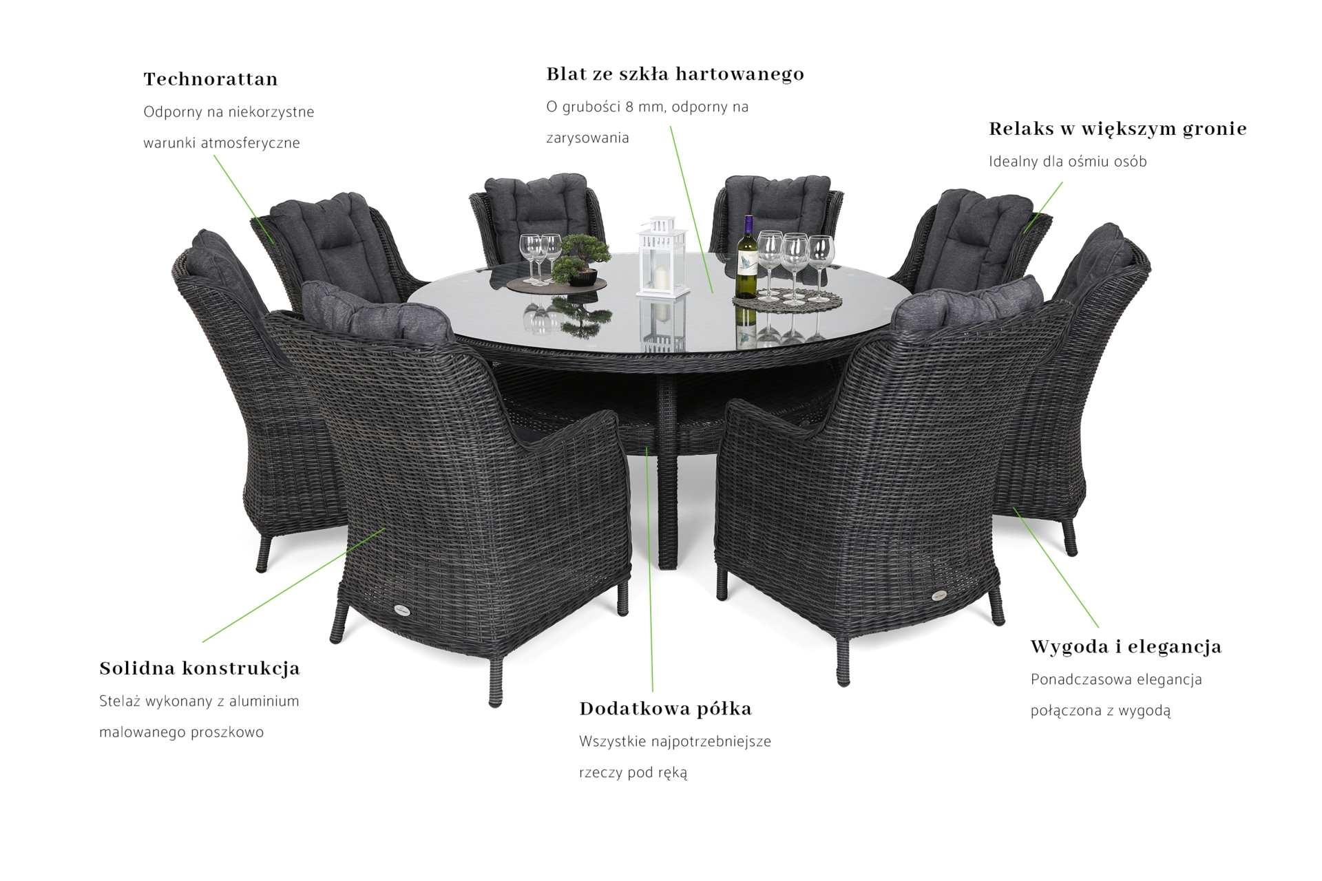 Meble ogrodowe technorattanowe Bristol Round Elegant 180 cm Grey / Grey Melange 8+1