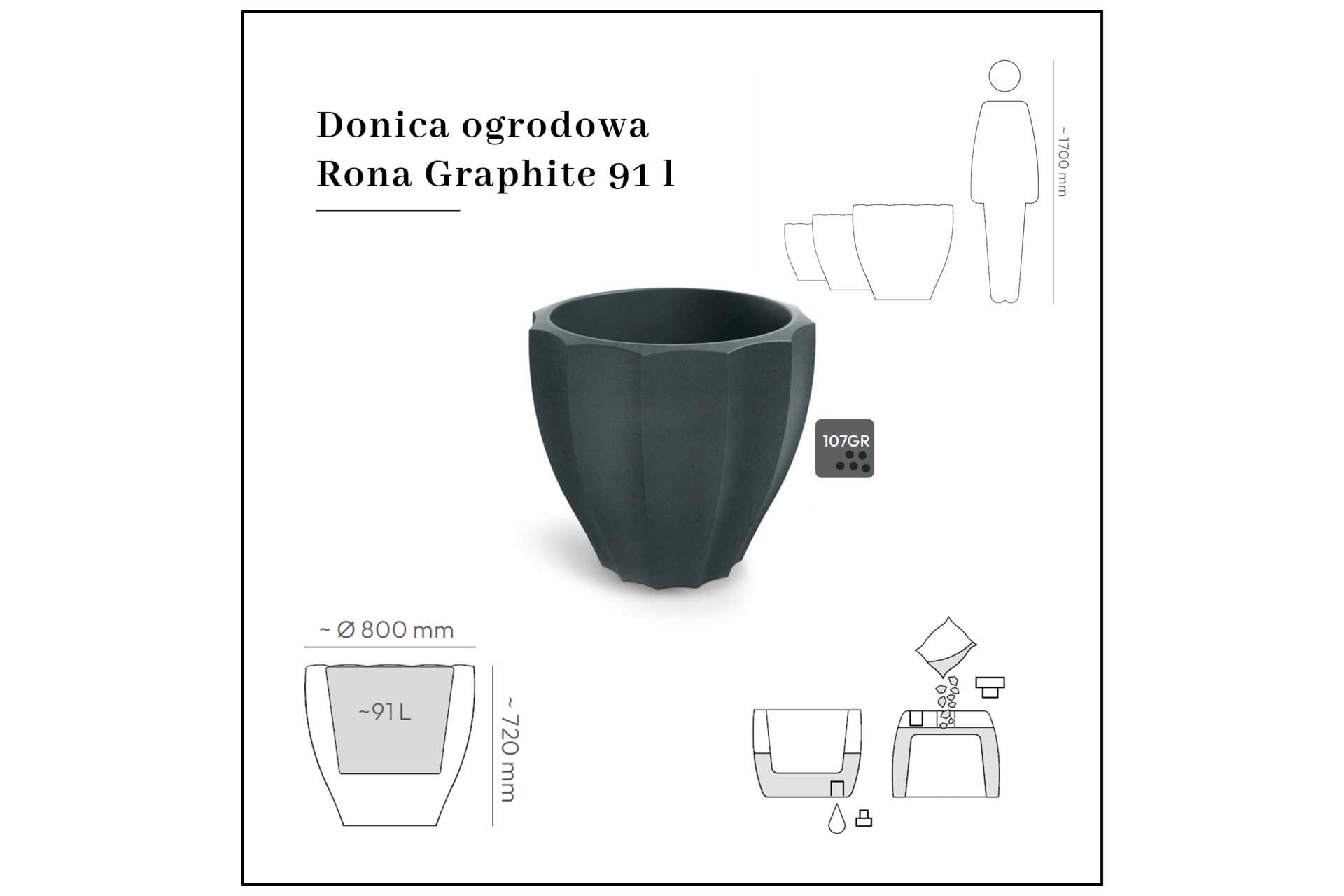 Donica ogrodowa Rona Graphite 91 l