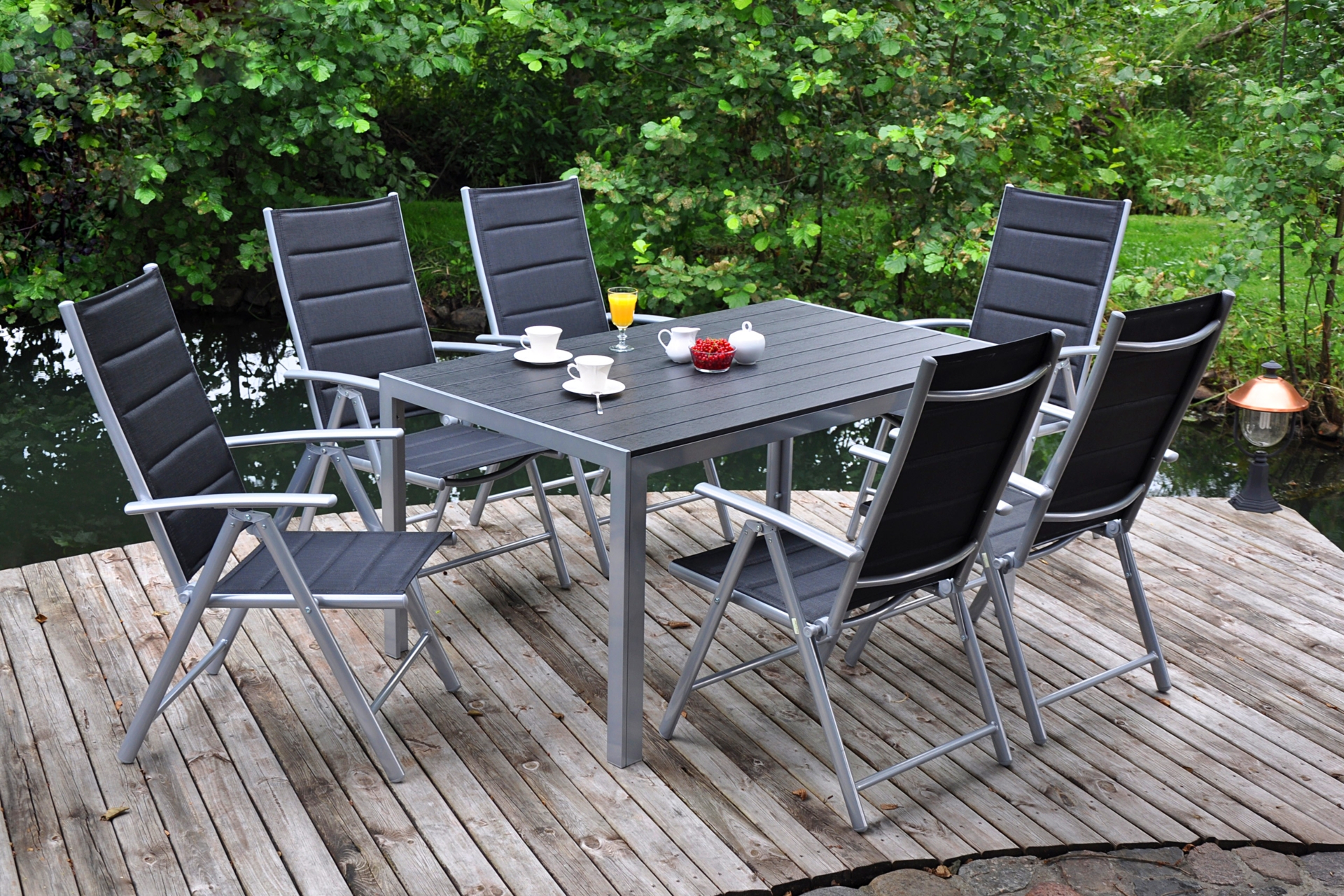 Meble ogrodowe aluminiowe IBIZA czarne z srebrnym stelażem Meble ogrodowe aluminiowe Ibiza 150 cm Silver / Black 6+1