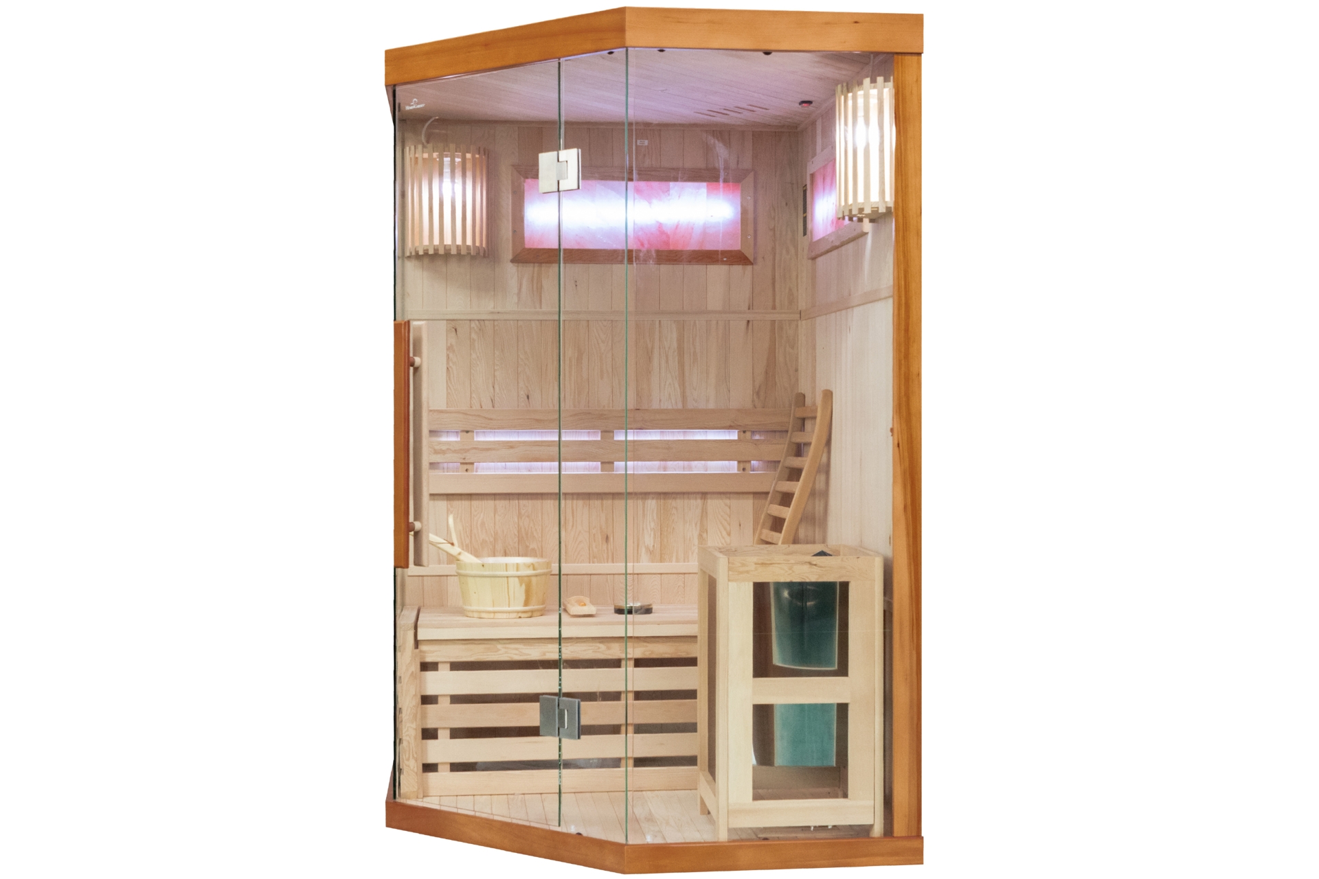 Sauna fińska narożna Nordum Solea 2-osobowa brązowa - drewniana - z panelami solnymi Sauna fińska narożna Nordum Solea 2-osobowa brązowa
