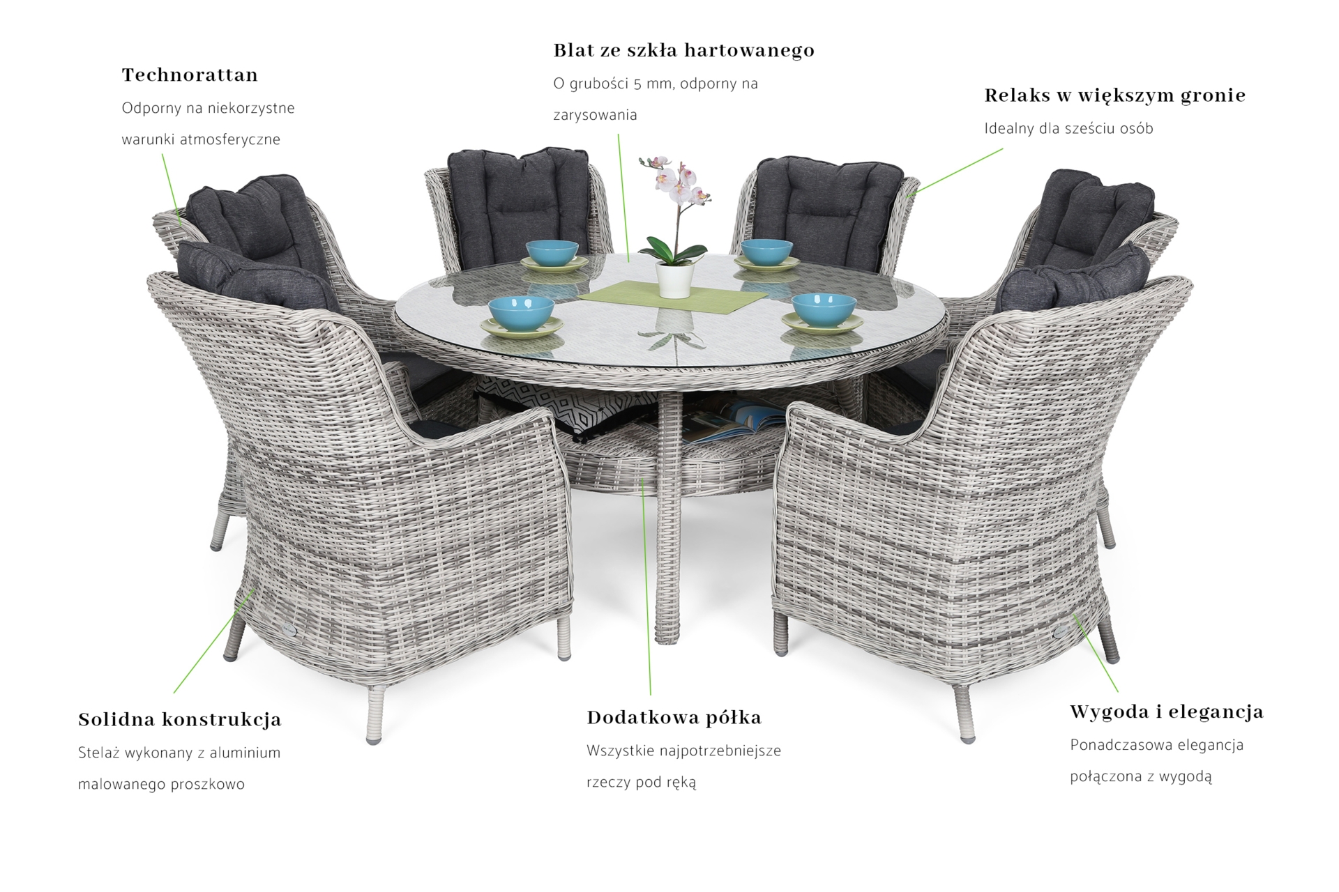 Meble ogrodowe technorattanowe Bristol Round Elegant 150 cm Light Grey / Grey Melange 6+1