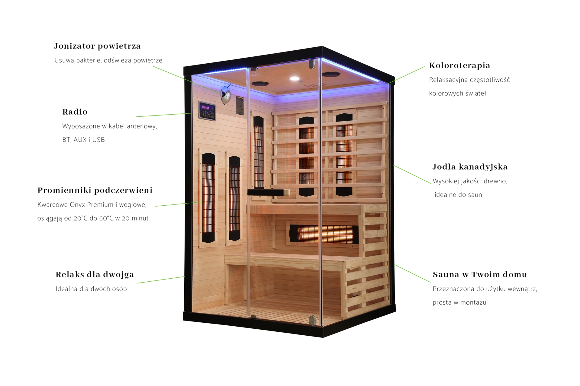 Sauna infrared narożna Nordum Basic 2-osobowa czarna
