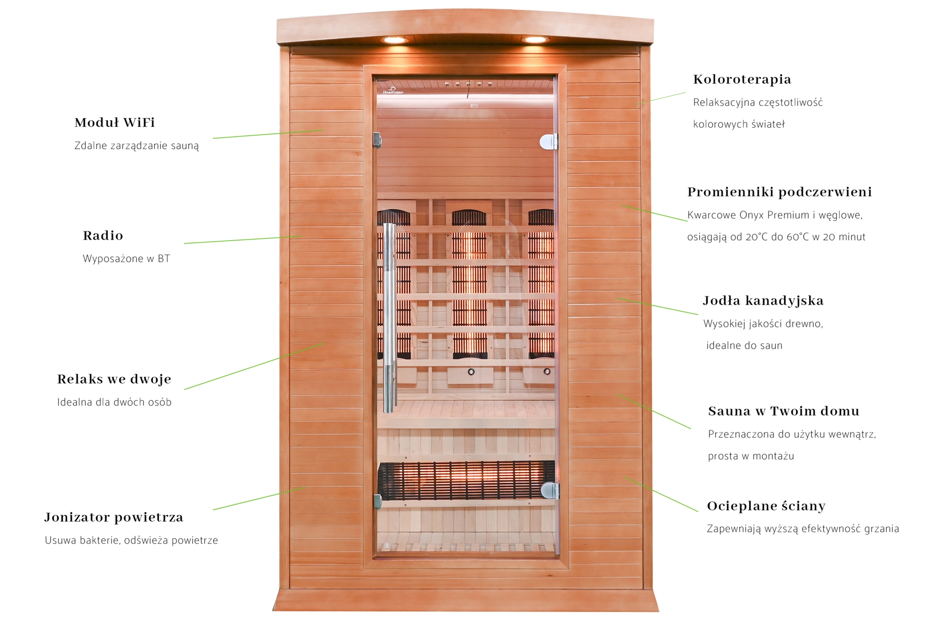 Sauna infrared Nordum Classic 2-osobowa WiFi brązowa - z panelami solnymi - z koloroterapią Sauna infrared Nordum Classic 2-osobowa WiFi brązowa