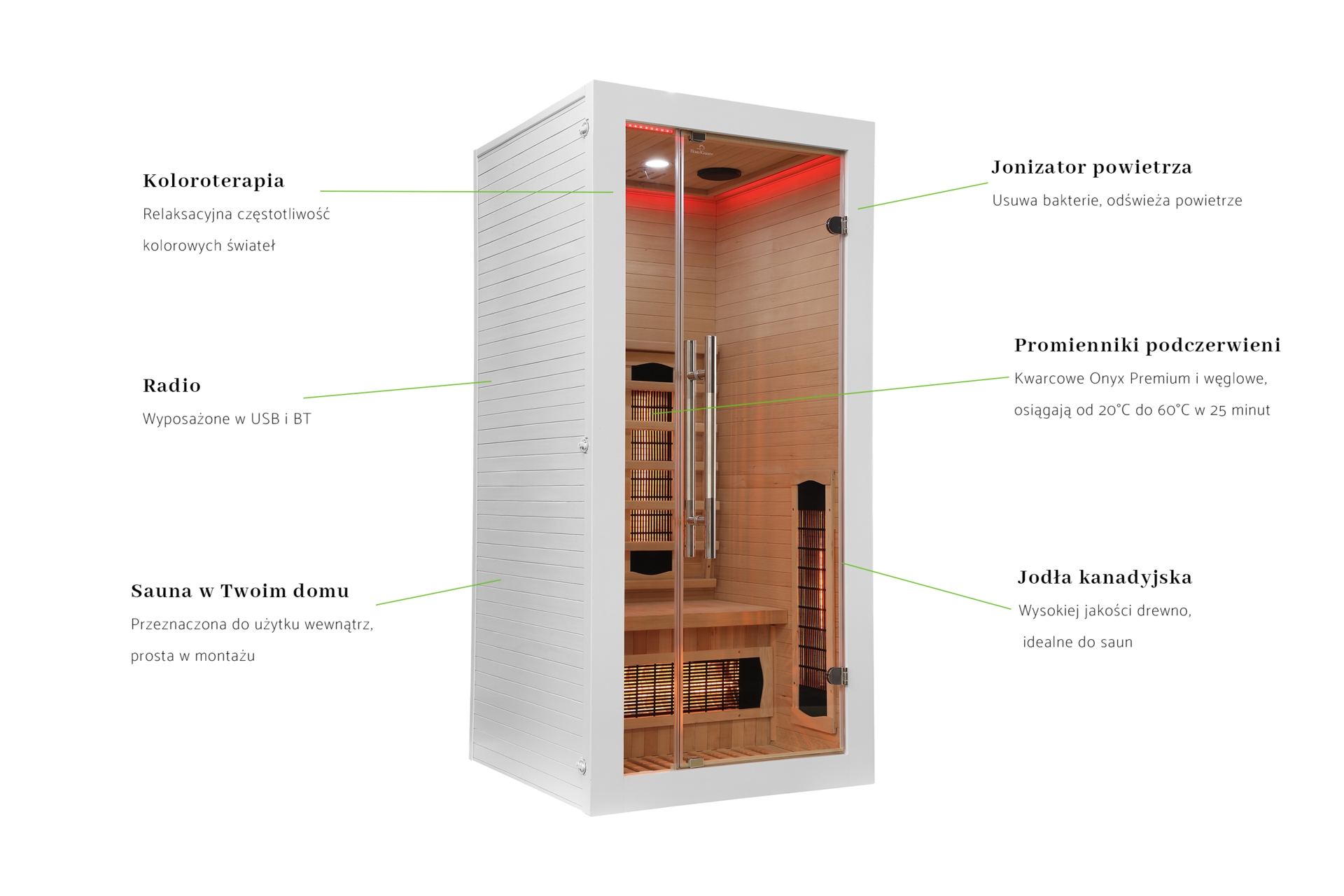 Sauna infrared Nordum Basic 1-osobowa biała - drewniana - z koloroterapią Sauna infrared Nordum Basic 1-osobowa biała