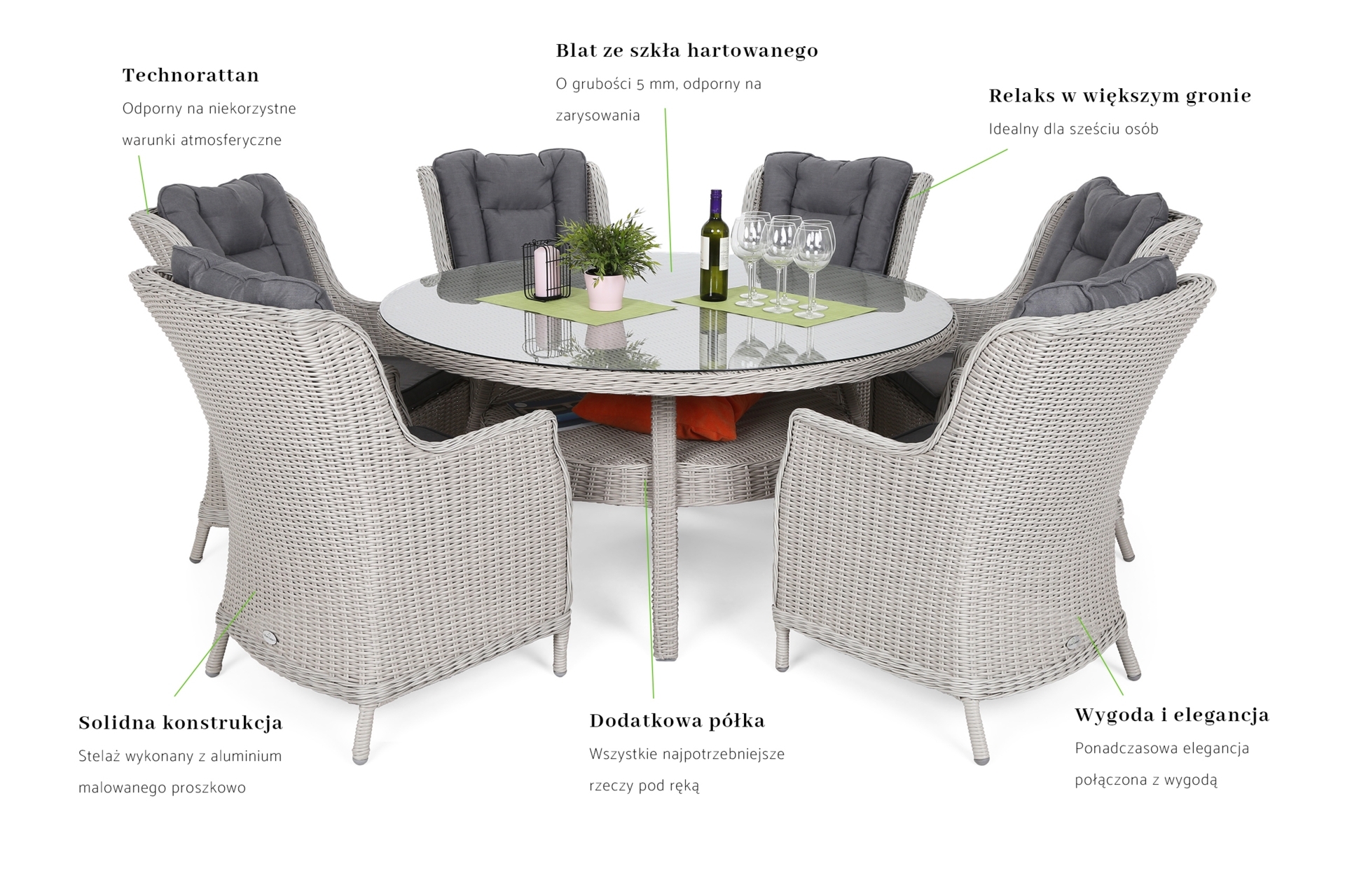 Meble ogrodowe technorattanowe Bristol Round Elegant 150 cm White / Grey - białe - dla 6 osób Meble ogrodowe technorattanowe Bristol Round Elegant 150 cm White / Grey 6+1