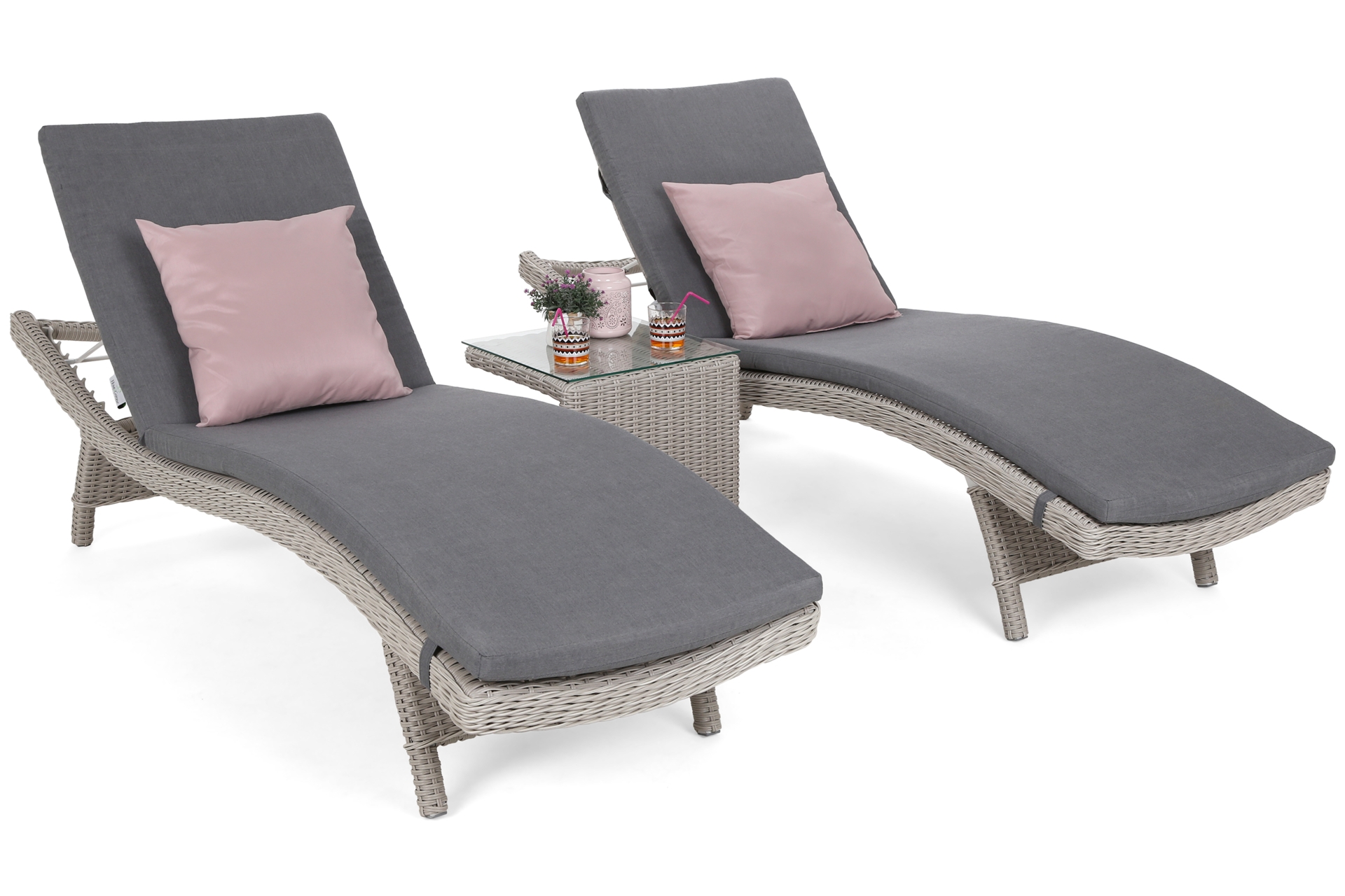 Zestaw leżaków ogrodowych z technorattanu Marbella White / Grey ze stolikiem