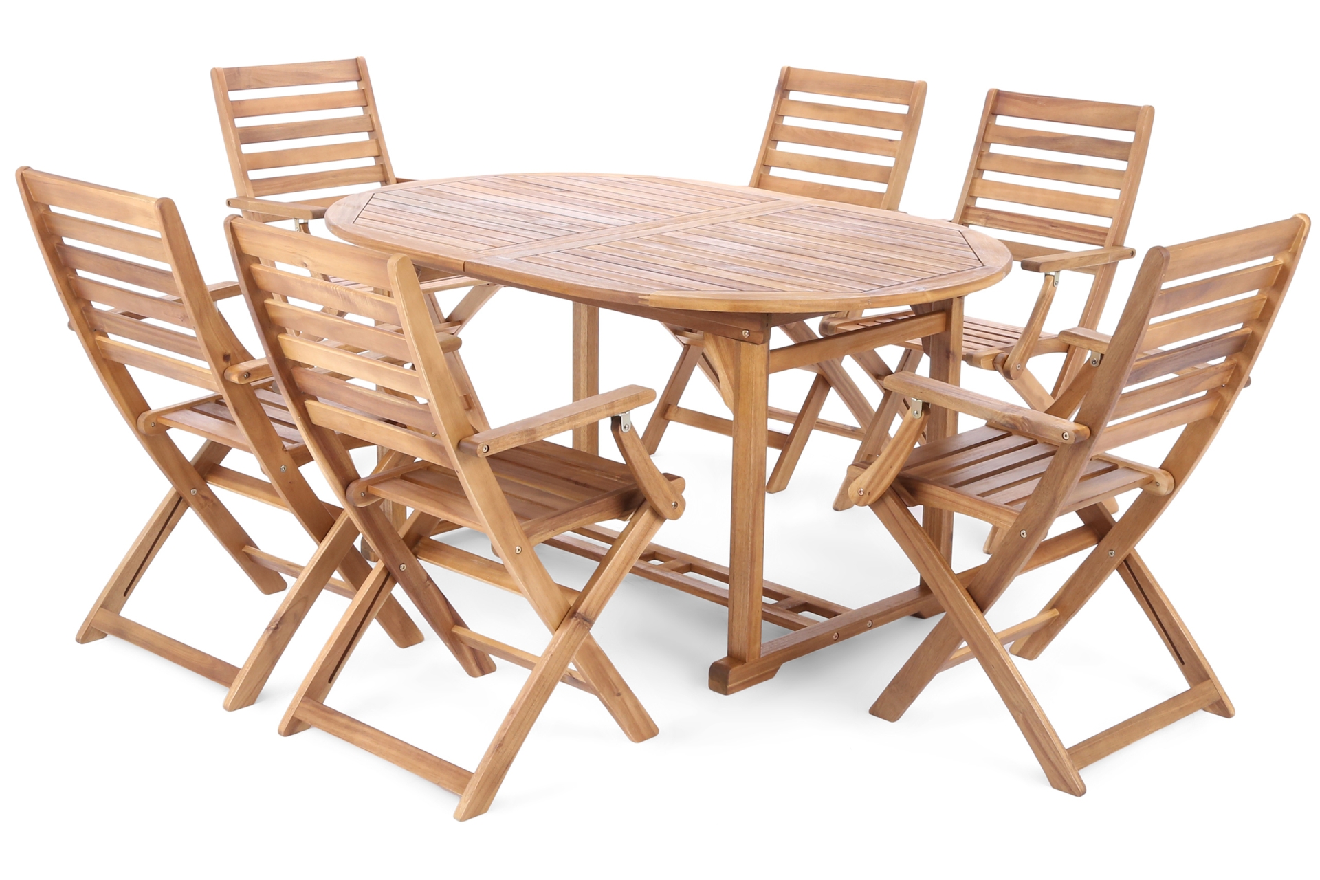 Meble ogrodowe drewniane Akacja Oval Cross 150+50 cm 6+1