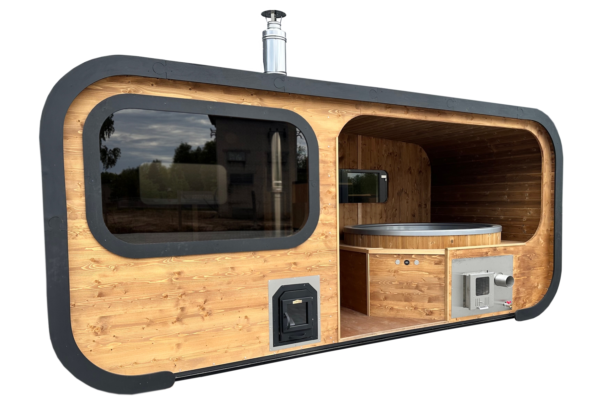 Sauna fińska zewnętrzna Hobbit Odnova z balią 220 x 500 cm