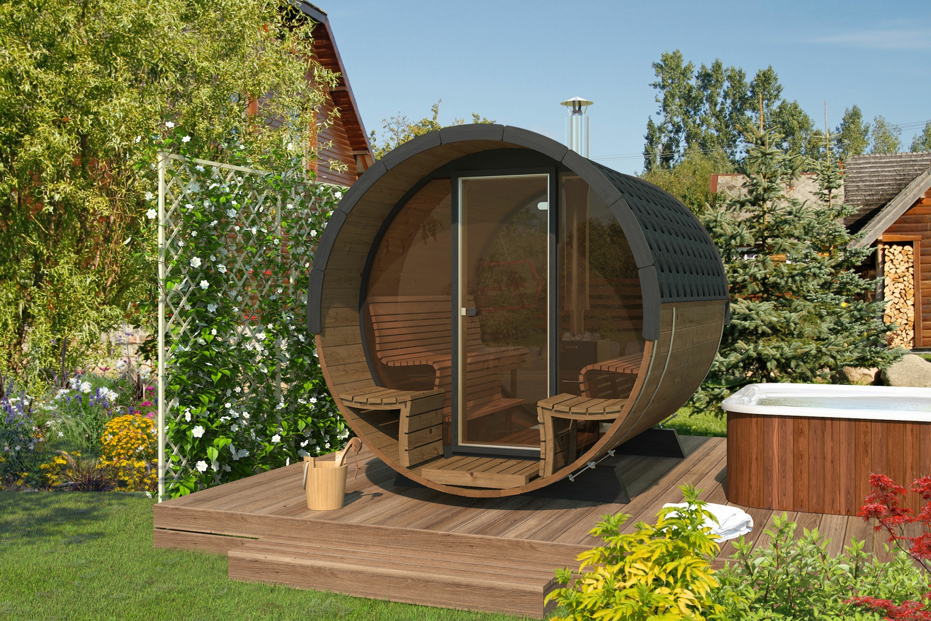 Sauna fińska zewnętrzna Lux Barrelsauna 235 x 280 cm