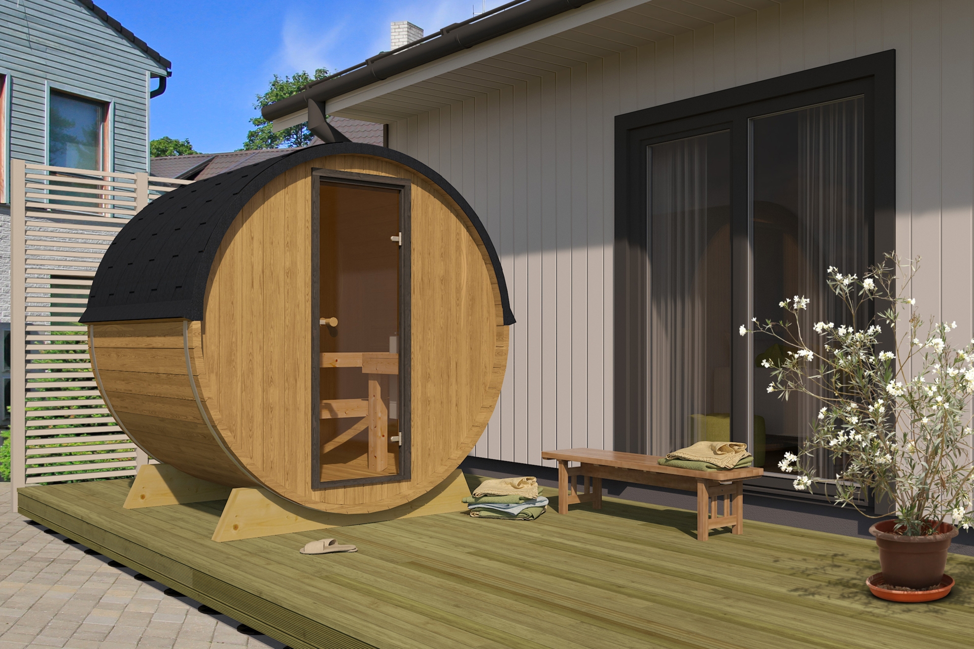 Sauna fińska zewnętrzna Terrace 160 cm - beczka Sauna fińska zewnętrzna Terrace 160 cm