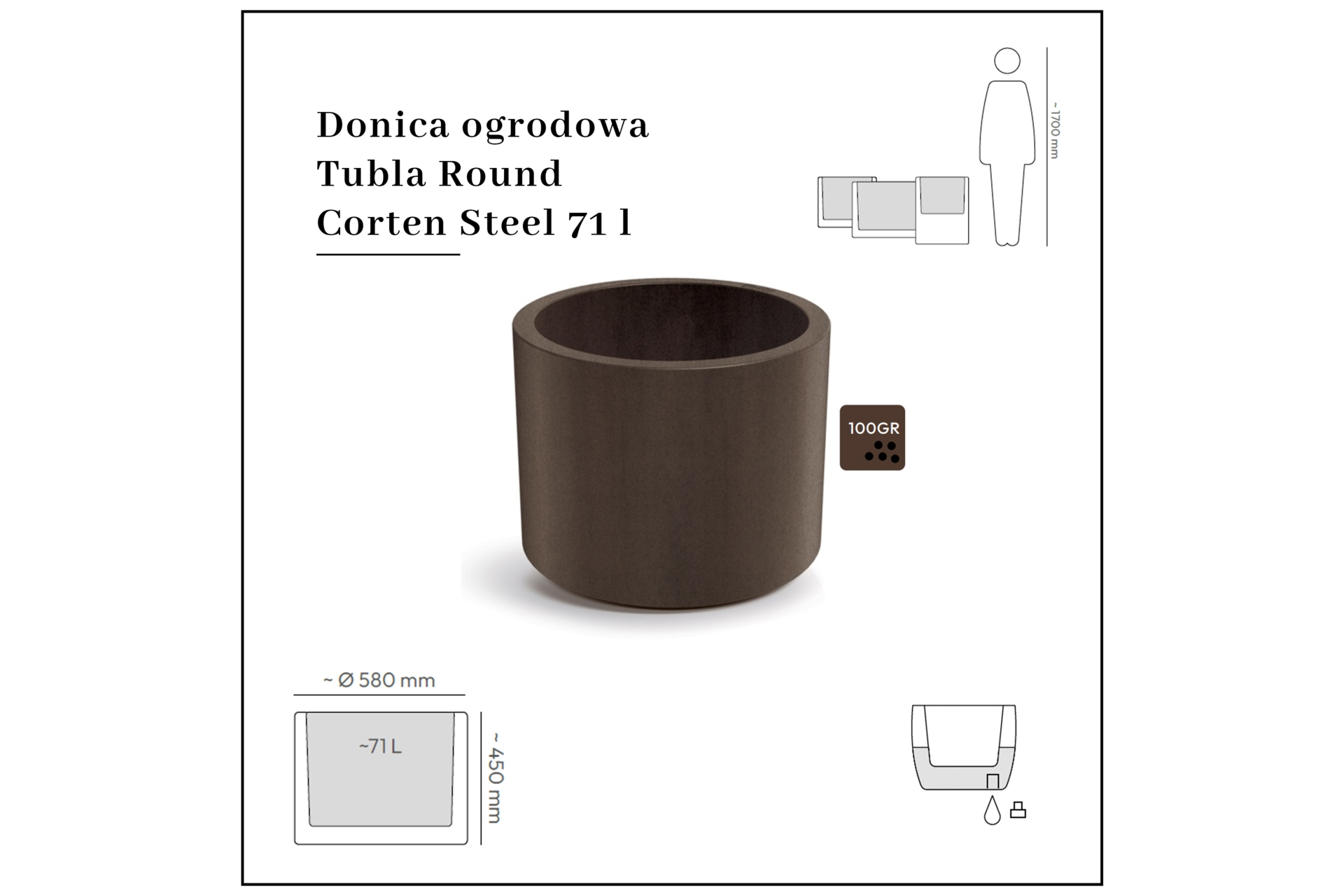 Donica ogrodowa Prosperplast Tubla Round Corten Steel 71 l 