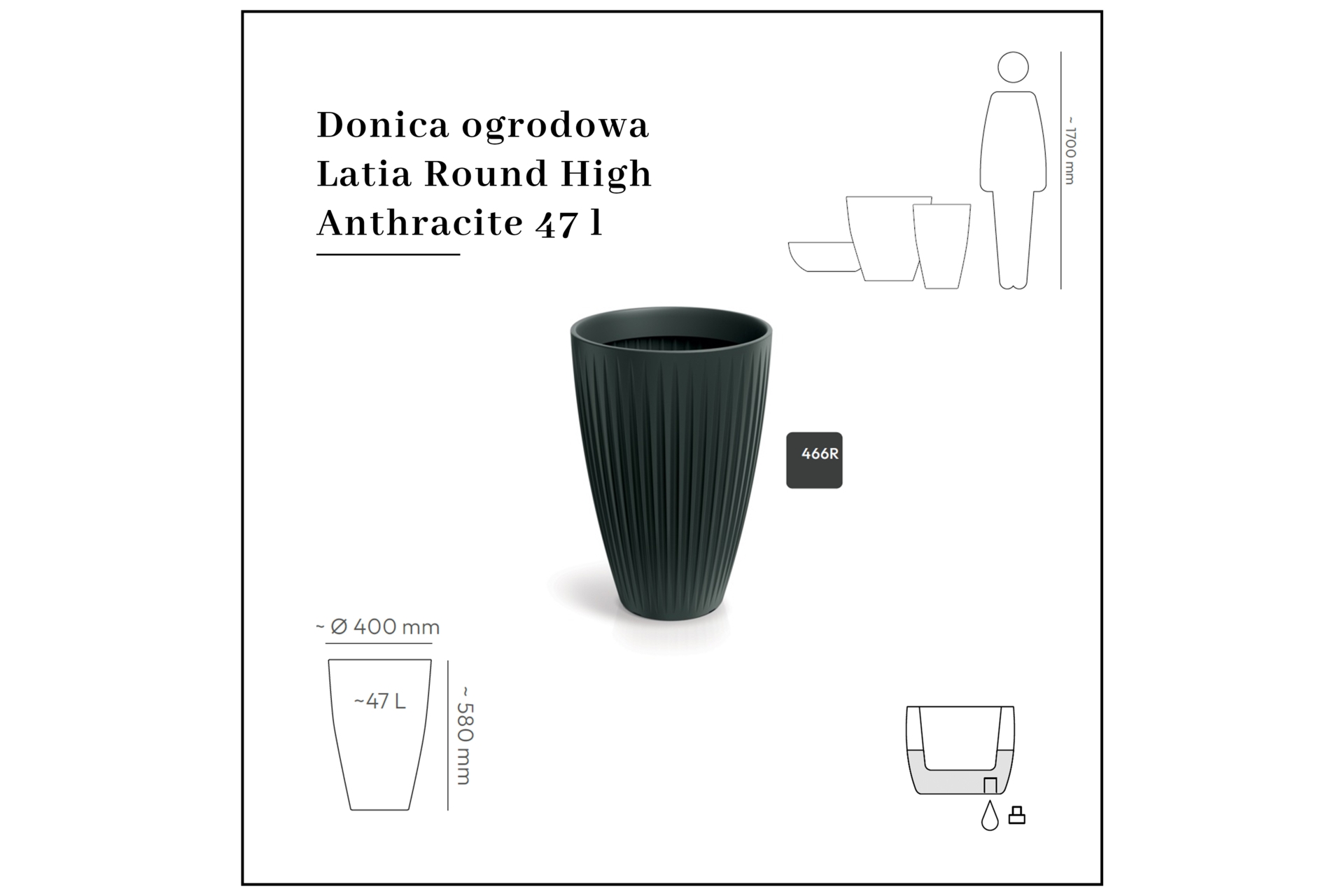 Donica ogrodowa Latia Round High Anthracite 47 l