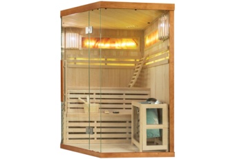 Sauna fińska narożna Nordum Solea 3-osobowa brązowa - drewniana - z panelami solnymi Sauna fińska narożna Nordum Solea 3-osobowa brązowa