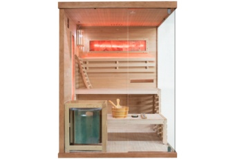 Sauna fińska narożna Nordum Pure 3-osobowa brązowa - drewniana - z piecem Sauna fińska narożna Nordum Pure 3-osobowa brązowa