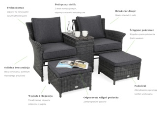 Sofa ogrodowa Milos Plus Grey / Grey Melange - dla 2 osób - z podnóżkami Sofa ogrodowa Milos Plus Grey / Grey Melange