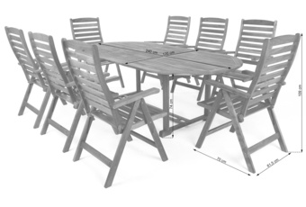 Drewniane meble ogrodowe Akacja z 8 krzesłami i owalnym stołem Meble ogrodowe drewniane Akacja Oval 180+60 cm 8+1