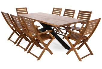 Meble ogrodowe drewniane Oregon 200 cm Black / Teak + Akacja Cross 8+1 - dla 8 osób - składane krzesła Meble ogrodowe drewniane Oregon 200 cm Black / Teak + Akacja Cross 8+1