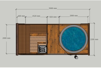 Sauna fińska zewnętrzna Hobbit Odnova z balią 220 x 500 cm