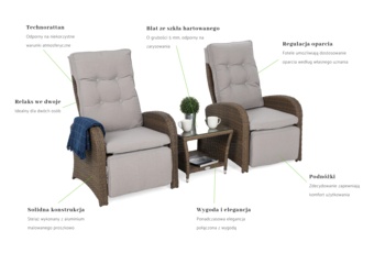 Meble ogrodowe technorattanowe Saloniki Brown / Beige - dla 2 osób - z regulacją oparcia i podnóżka Meble ogrodowe technorattanowe Saloniki Brown / Beige