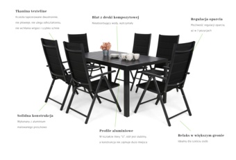 Meble ogrodowe aluminiowe Ibiza 150 cm Black / Black 6+1