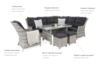 Narożny zestaw mebli ogrodowych prawy Alicante Light Grey / Grey Melange z pufami