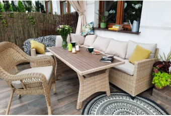 Narożne meble ogrodowe technorattanowe Lagos Beige / Ecru - dla 9 osób - beżowy Narożne meble ogrodowe technorattanowe Lagos Beige / Ecru