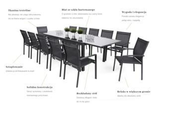 Meble ogrodowe aluminiowe Ontario 200+100 cm Grey / Light Grey Bolonia Grey / Window Grey 12+1 - szare - dla 12 osób Meble ogrodowe aluminiowe Ontario 200+100 cm Grey / Light Grey Bolonia Grey / Window Grey 12+1