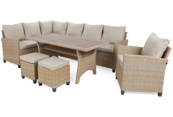 Narożne meble ogrodowe technorattanowe Lagos Beige / Ecru - dla 9 osób - beżowy Narożne meble ogrodowe technorattanowe Lagos Beige / Ecru