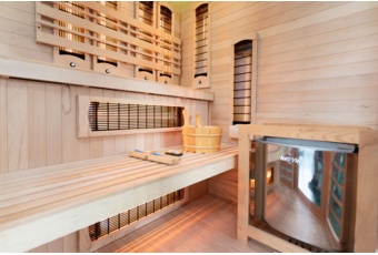 Sauna hybrydowa narożna Nordum Combi 3-osobowa brązowa - drewniana Sauna hybrydowa narożna Nordum Combi 3-osobowa brązowa