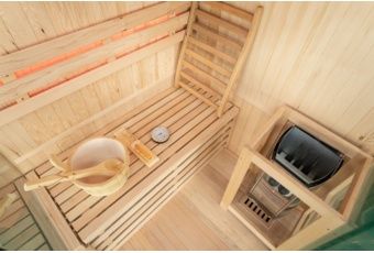 Sauna fińska narożna Nordum Solea 2-osobowa brązowa - drewniana - z panelami solnymi Sauna fińska narożna Nordum Solea 2-osobowa brązowa