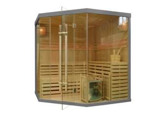Sauna fińska narożna EA5 Grey z piecem - szara - dla 5 osób Sauna fińska narożna EA5 Grey z piecem