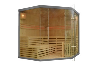 Sauna fińska narożna EA5 Grey z piecem - szara - dla 5 osób Sauna fińska narożna EA5 Grey z piecem