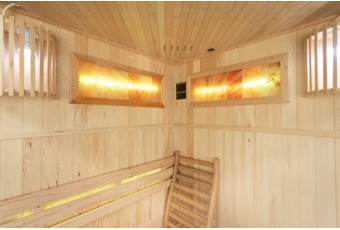 Sauna fińska narożna Nordum Solea 2-osobowa brązowa - drewniana - z panelami solnymi Sauna fińska narożna Nordum Solea 2-osobowa brązowa