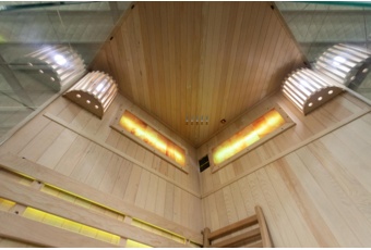 Sauna fińska narożna Nordum Solea 2-osobowa brązowa - drewniana - z panelami solnymi Sauna fińska narożna Nordum Solea 2-osobowa brązowa