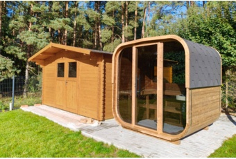 Sauna fińska zewnętrzna Hanscraft Quadra X 211 x 188 cm - dla 4 osób - z termo sosny Sauna fińska zewnętrzna Hanscraft Quadra X 211 x 188 cm