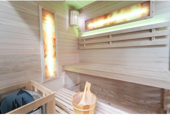 Sauna fińska narożna Nordum Pure 3-osobowa brązowa - drewniana - z piecem Sauna fińska narożna Nordum Pure 3-osobowa brązowa