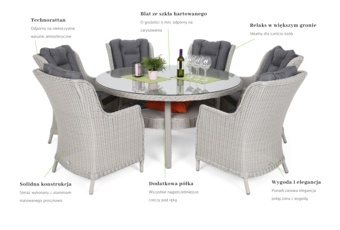 Meble ogrodowe technorattanowe Bristol Round Elegant 150 cm White / Grey - białe - dla 6 osób Meble ogrodowe technorattanowe Bristol Round Elegant 150 cm White / Grey 6+1