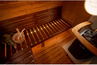 Sauna fińska zewnętrzna Hobbit z balią 220 x 450 cm