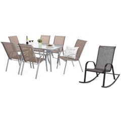 Meble ogrodowe metalowe Sevilla 150 cm Silver / Taupe 6+1 z fotelem Sevilla Black / Grey Melange