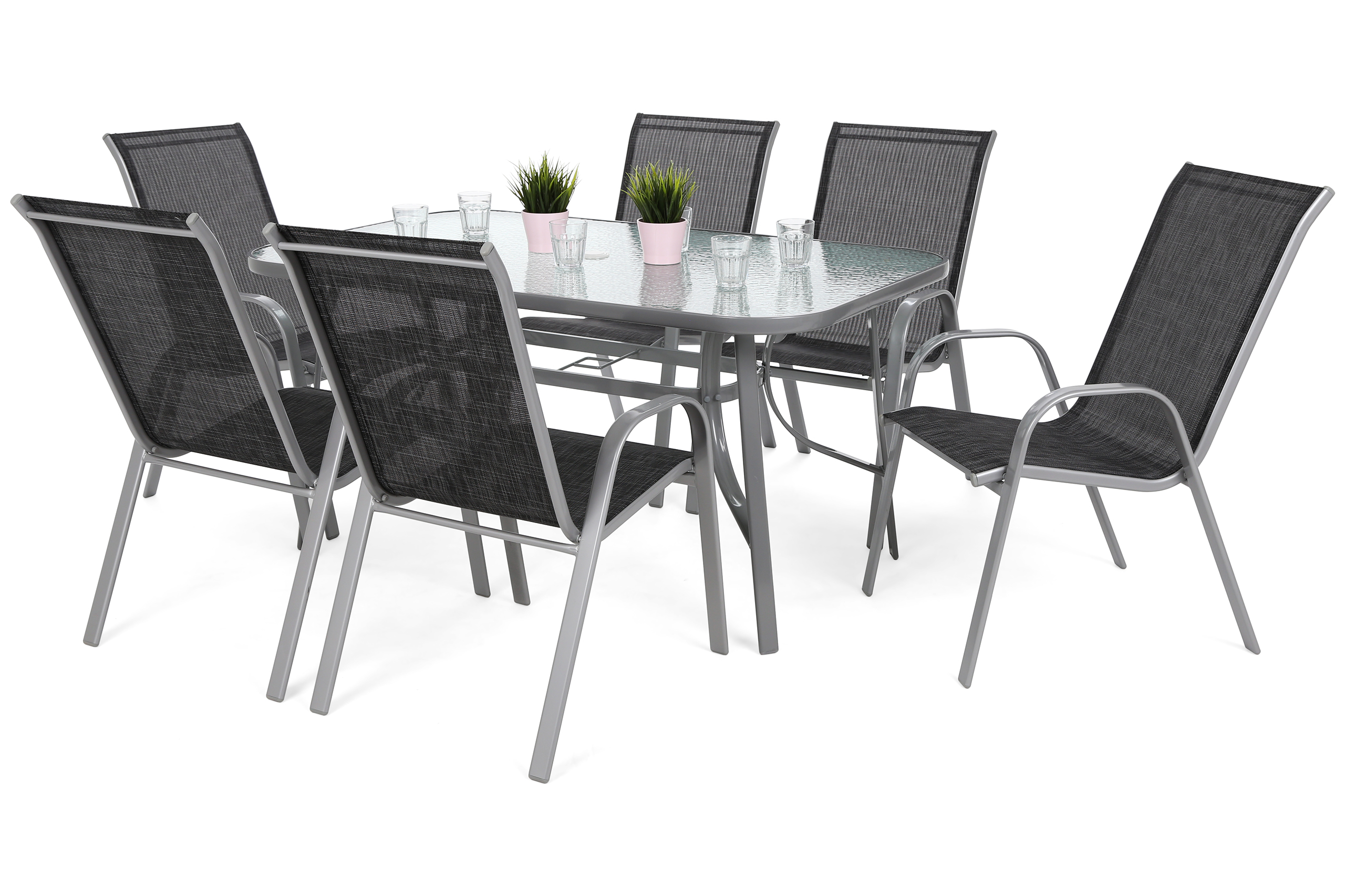 Meble ogrodowe metalowe Sevilla 145 cm Silver / Black Melange 6+1
