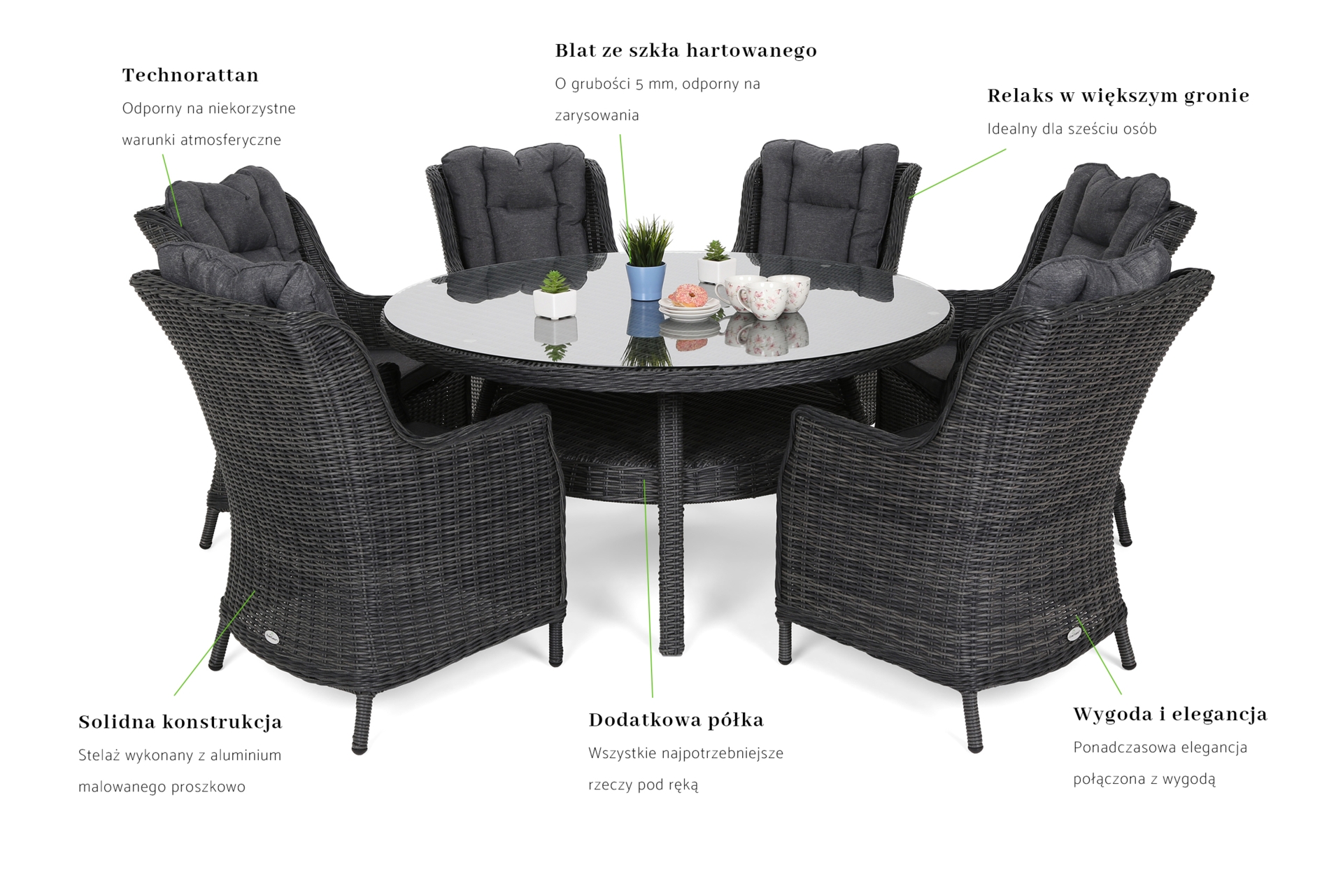 Meble ogrodowe technorattanowe Bristol Round Elegant 150 cm Grey / Grey Melange 6+1