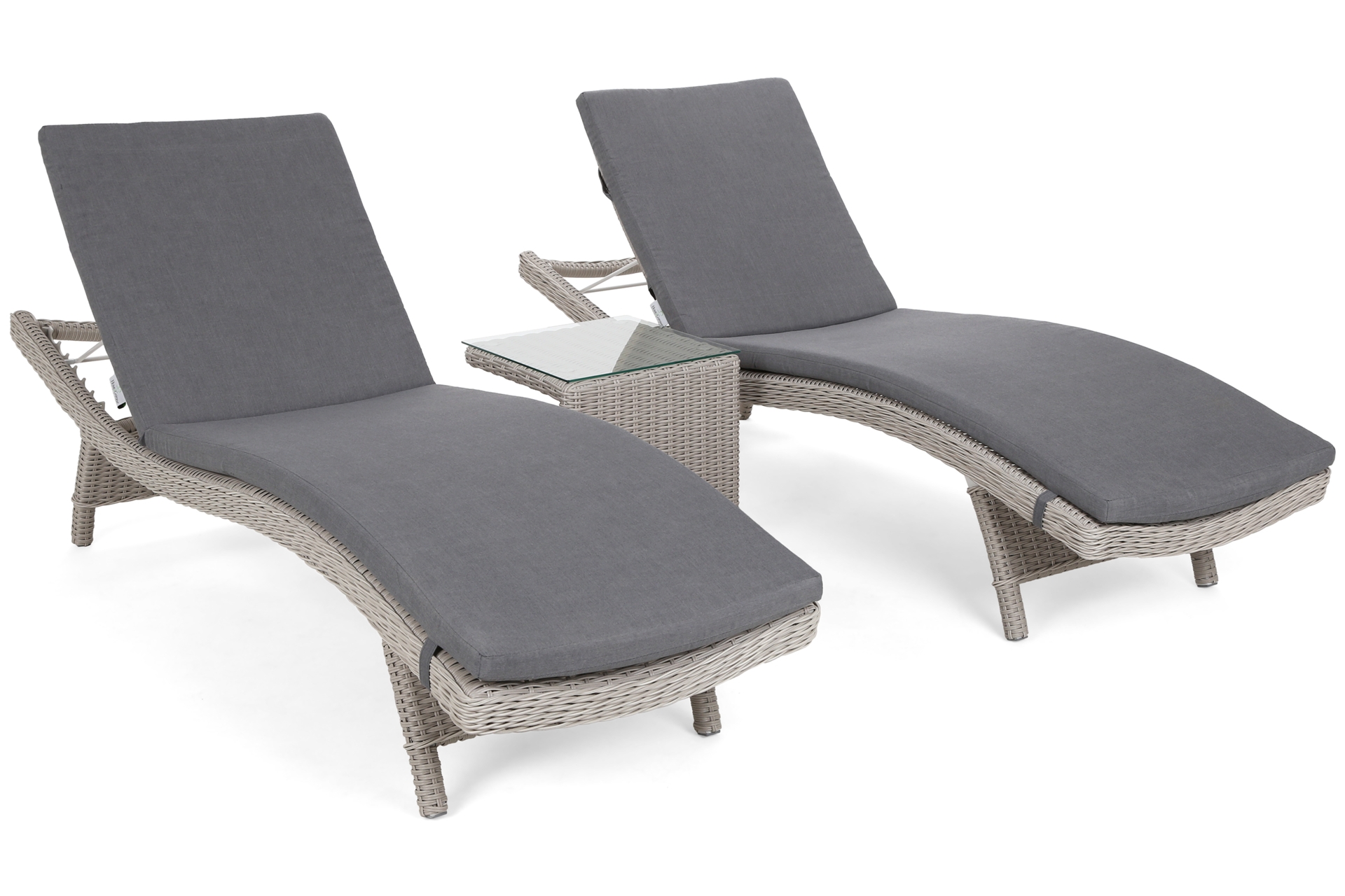 Zestaw leżaków ogrodowych z technorattanu Marbella White / Grey ze stolikiem