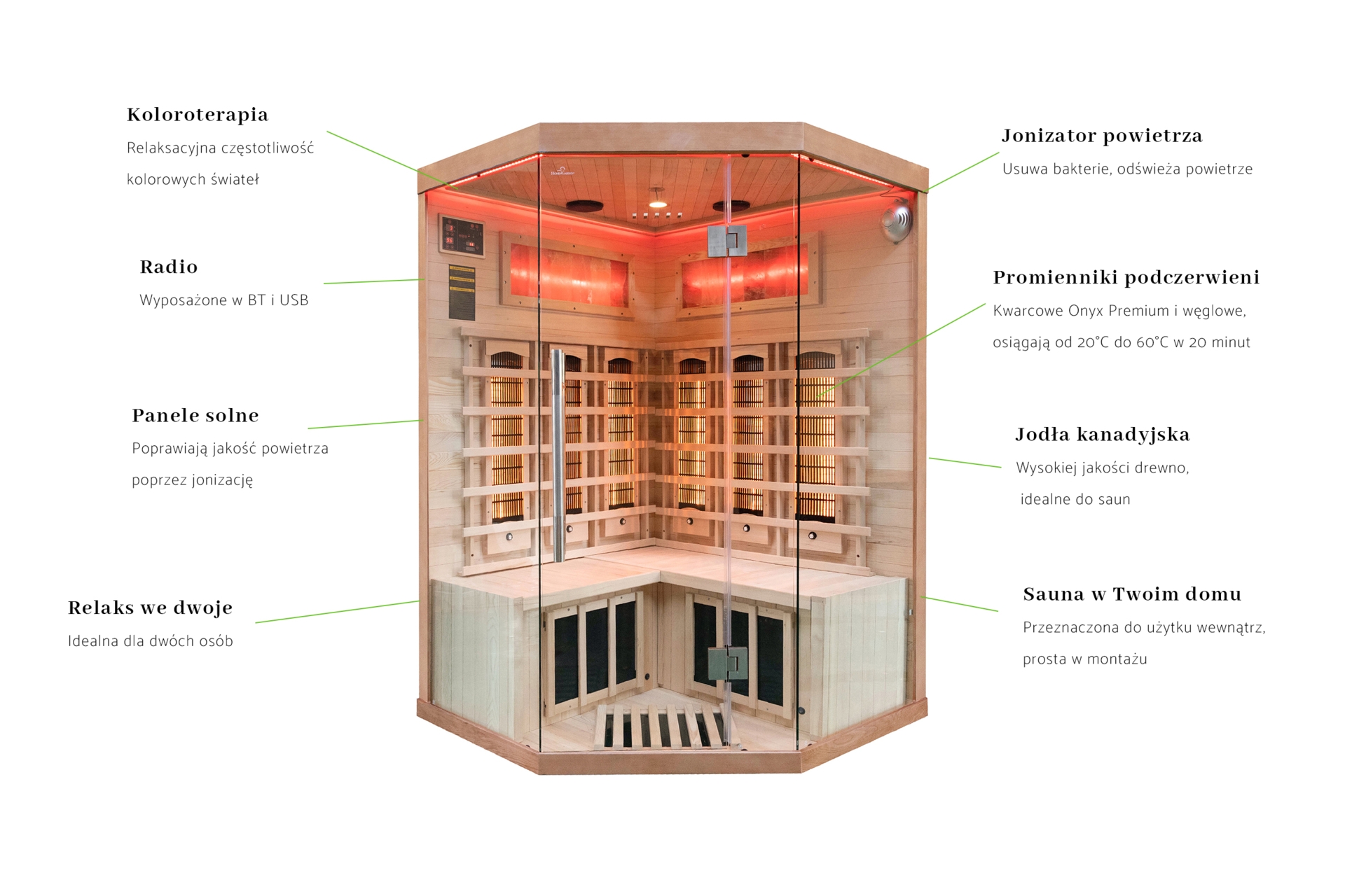 Sauna infrared narożna Nordum Solea 2-osobowa WiFi brązowa