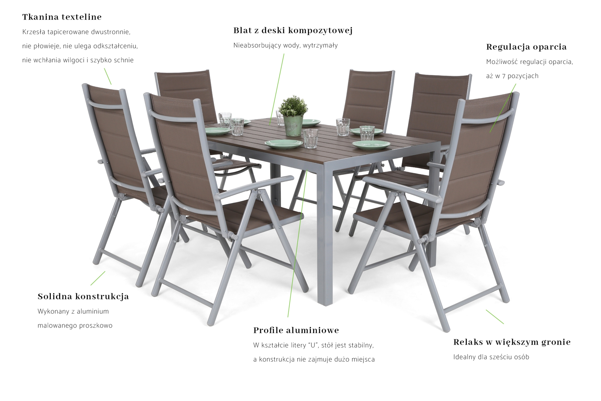 Meble ogrodowe aluminiowe Ibiza 150 cm Silver / Taupe 6+1