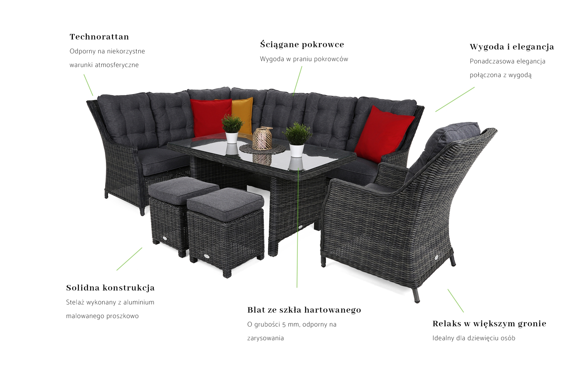 Narożny zestaw mebli ogrodowych lewy Alicante Grey / Grey Melange z pufami